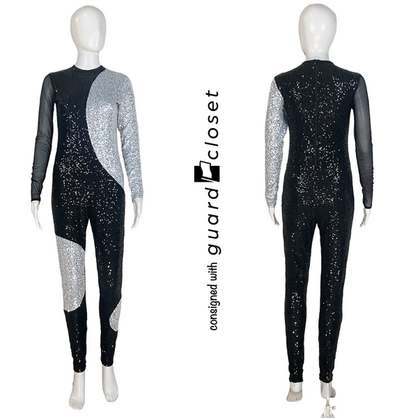 11 Black Silver Circle Motif Long Sleeve Unitards