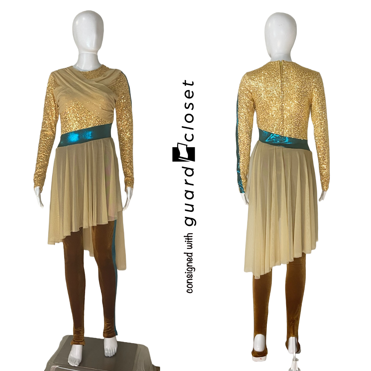 15 Shades of Brown and Gold Long Sleeve Skirted Unitards With Teal Accents and Purple Hoods by Band Shoppe