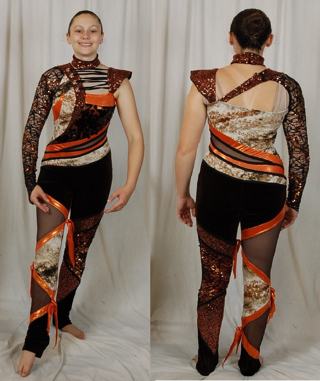 45 brown orange one sleeve unitards by Algy