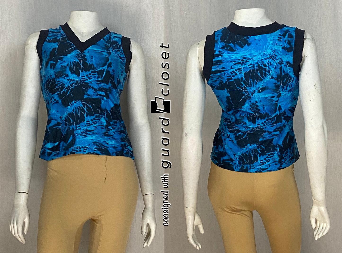 26 blue black tie dye water sleeveless v-neck tops by Team Go Figure