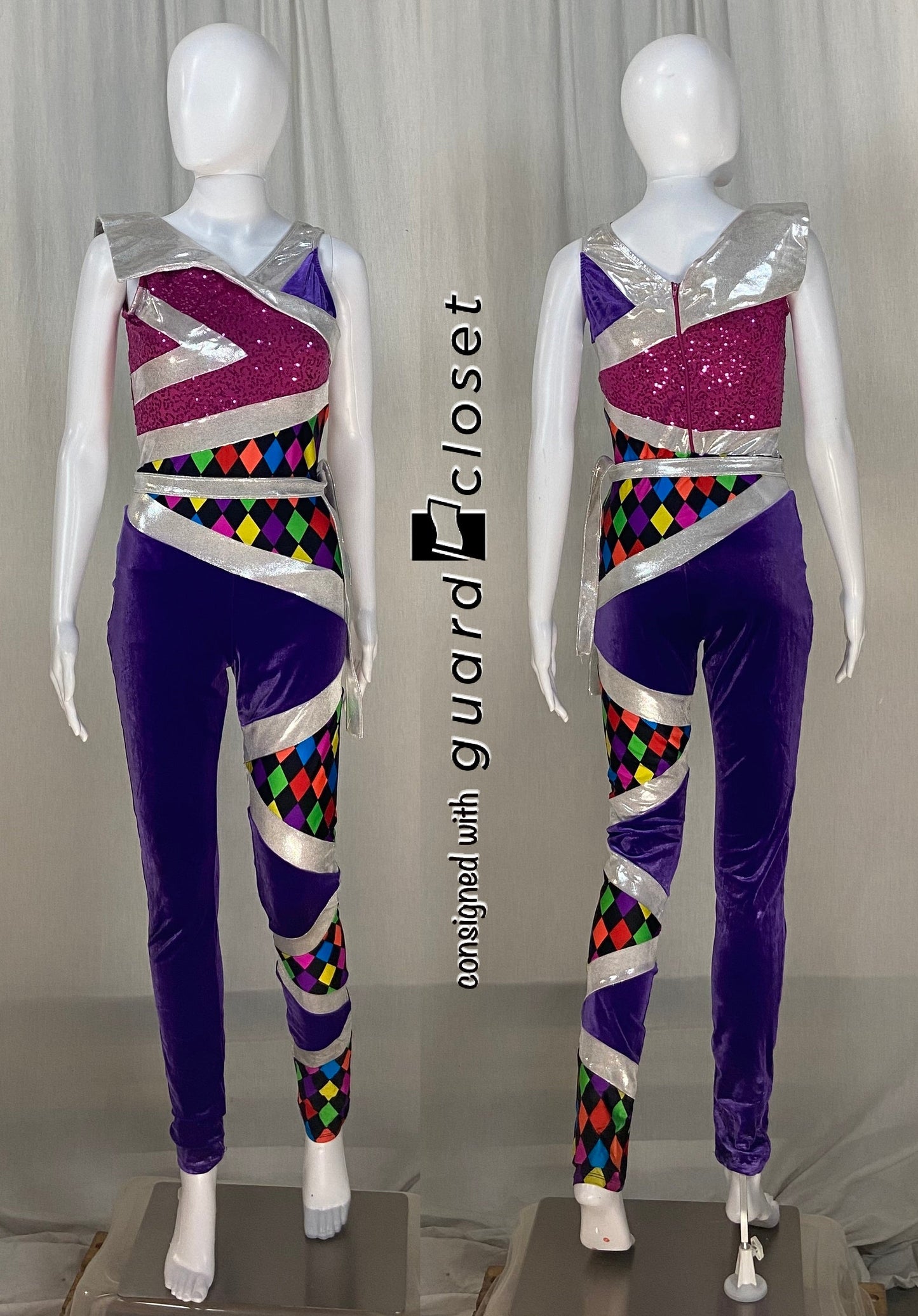 13 multi color diamond motif sleeveless Algy unitards