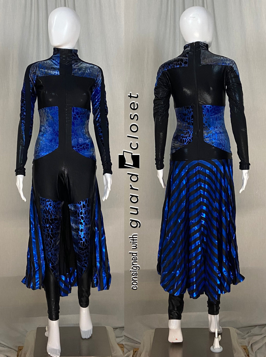 39 blue black long sleeve skirted FJM unitards + 20 solid black hooded capes + 14 blue silver striped hooded capes