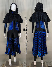 Load image into Gallery viewer, 39 blue black long sleeve skirted FJM unitards + 20 solid black hooded capes + 14 blue silver striped hooded capes
