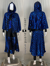 Load image into Gallery viewer, 39 blue black long sleeve skirted FJM unitards + 20 solid black hooded capes + 14 blue silver striped hooded capes
