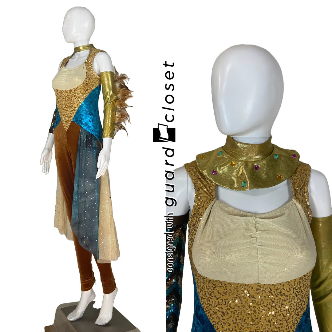 10 Beige Brown Teal Skirted Unitards w/ Arm Bands & Neck Pieces by Creative Costuming & Design