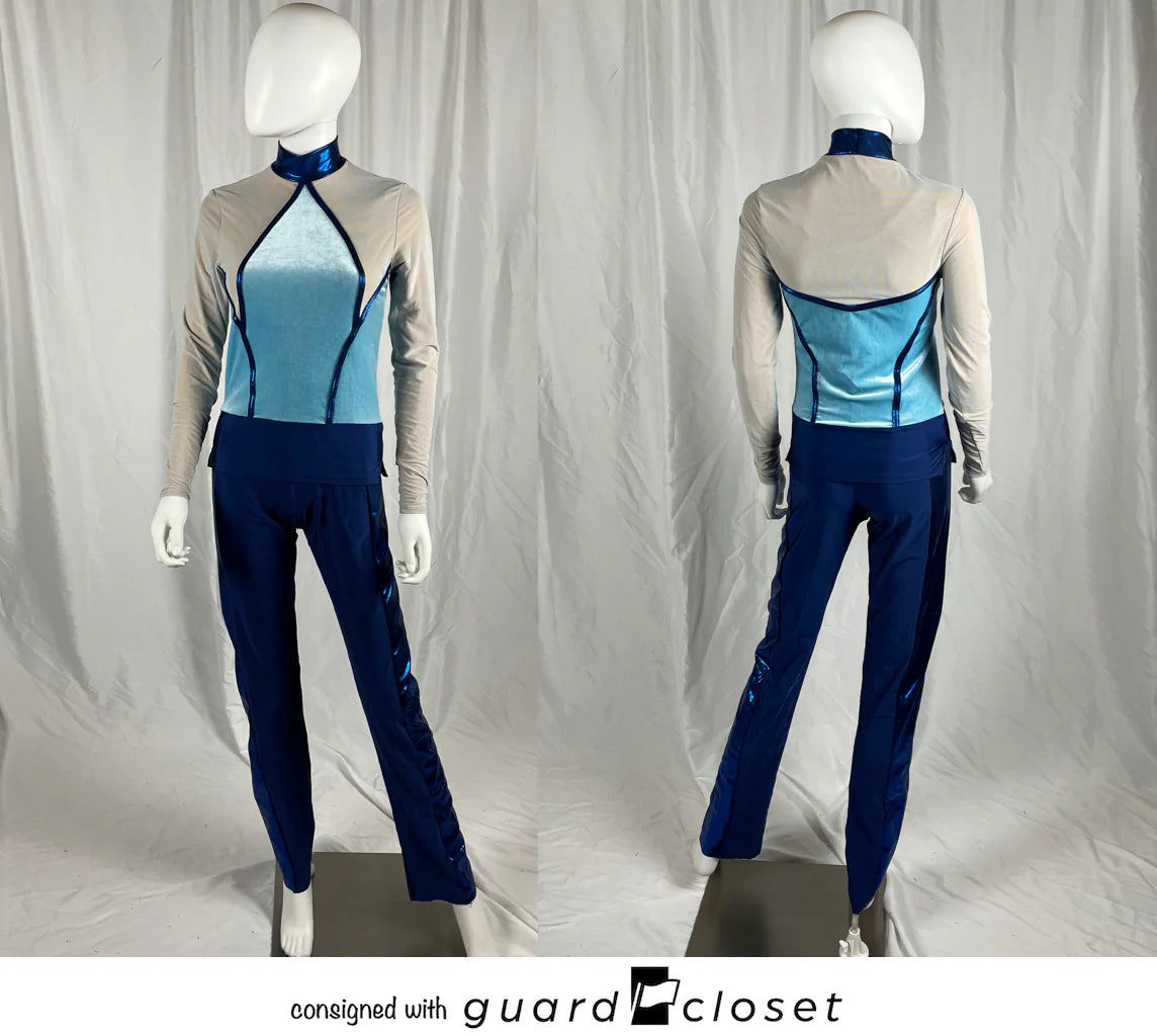 8 blue white long sleeve skirted unitards + 1 male costume by Creative Costuming & Designs