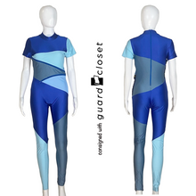 Load image into Gallery viewer, Blue to Gold Reveal Unitards, Blue Skirts, and Blue Raincoats by Creative Costuming & Designs