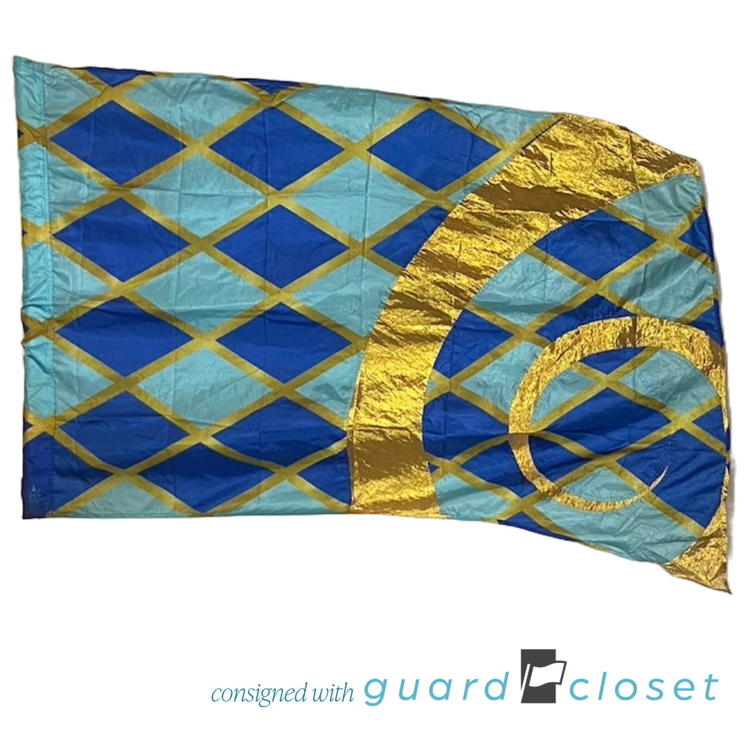 15 blue gold jester flags by R&S Marching Arts