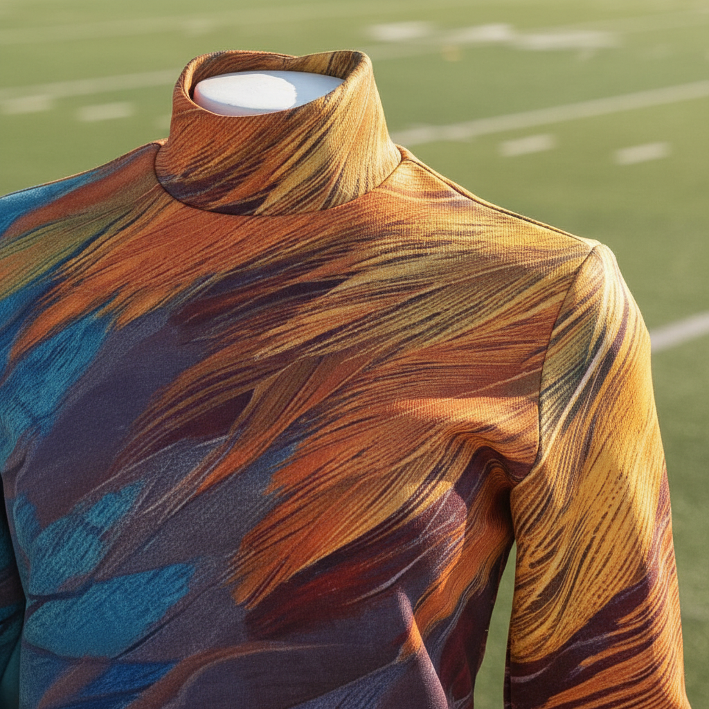 Close-up of a marching band performance top featuring a multicolor feather graphic print on a blurred football field.
