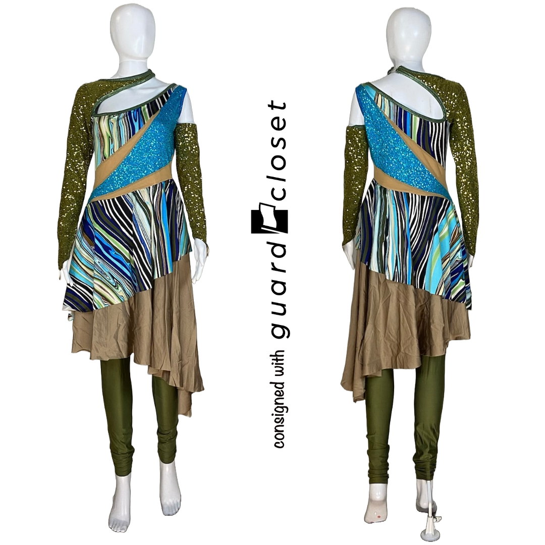 26 Blue Green Teal Tan Long Sleeve Unitard w/ Skirt by A Wish Come True