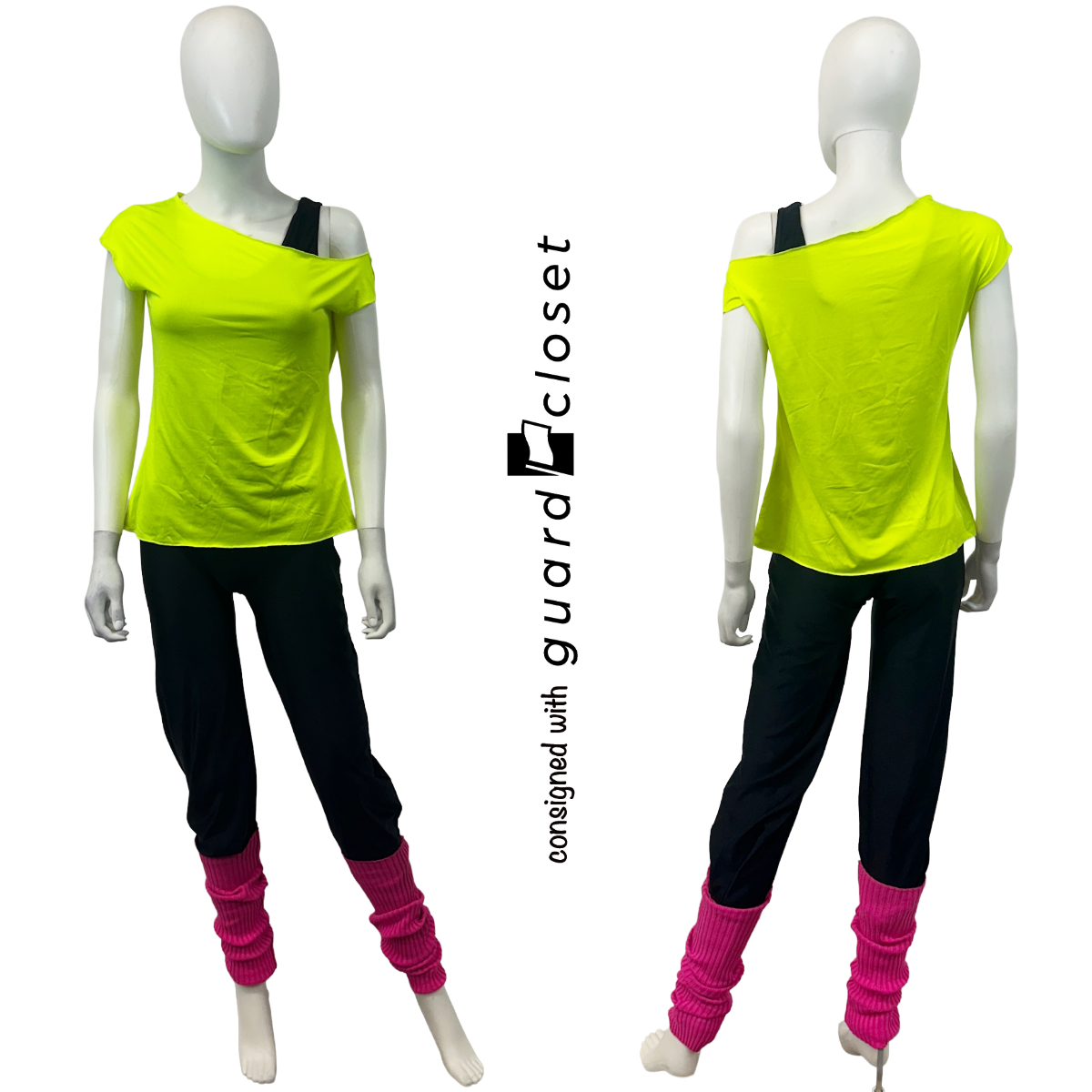 10 Neon yellow off-shoulder 80's tops with hot pink leg warmers by Justin's Costumes