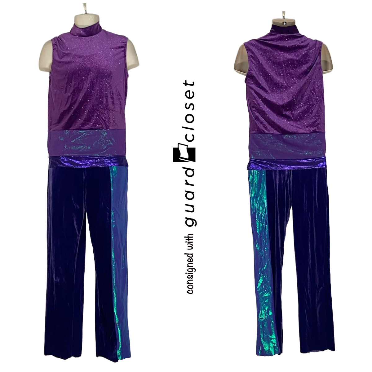 13 Purple Gold Sleeveless Skirted Unitards + 1 Bib Pants and Sleeveless Top by Creative Costuming & Designs
