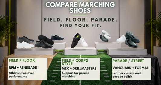 Compare marching shoes for field, floor and parade — Guard Closet buying guide.