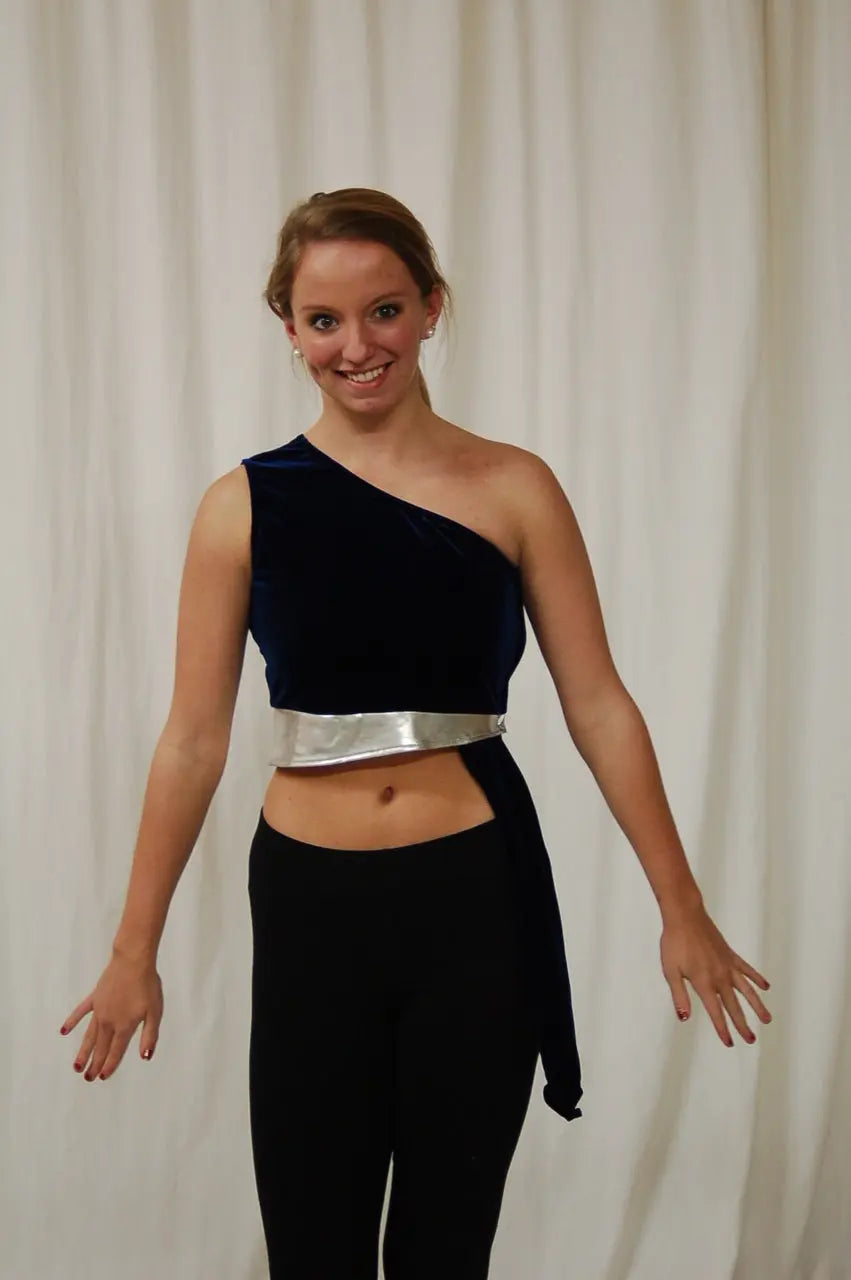 12 dark blue one shoulder Band Shoppe crop tops