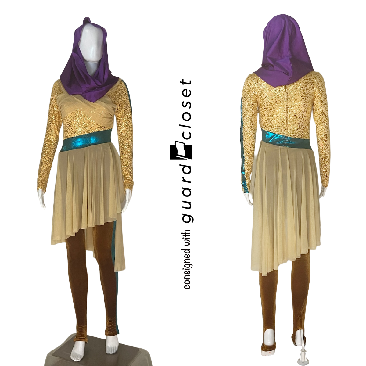 15 Shades of Brown and Gold Long Sleeve Skirted Unitards With Teal Accents and Purple Hoods  by Band Shoppe