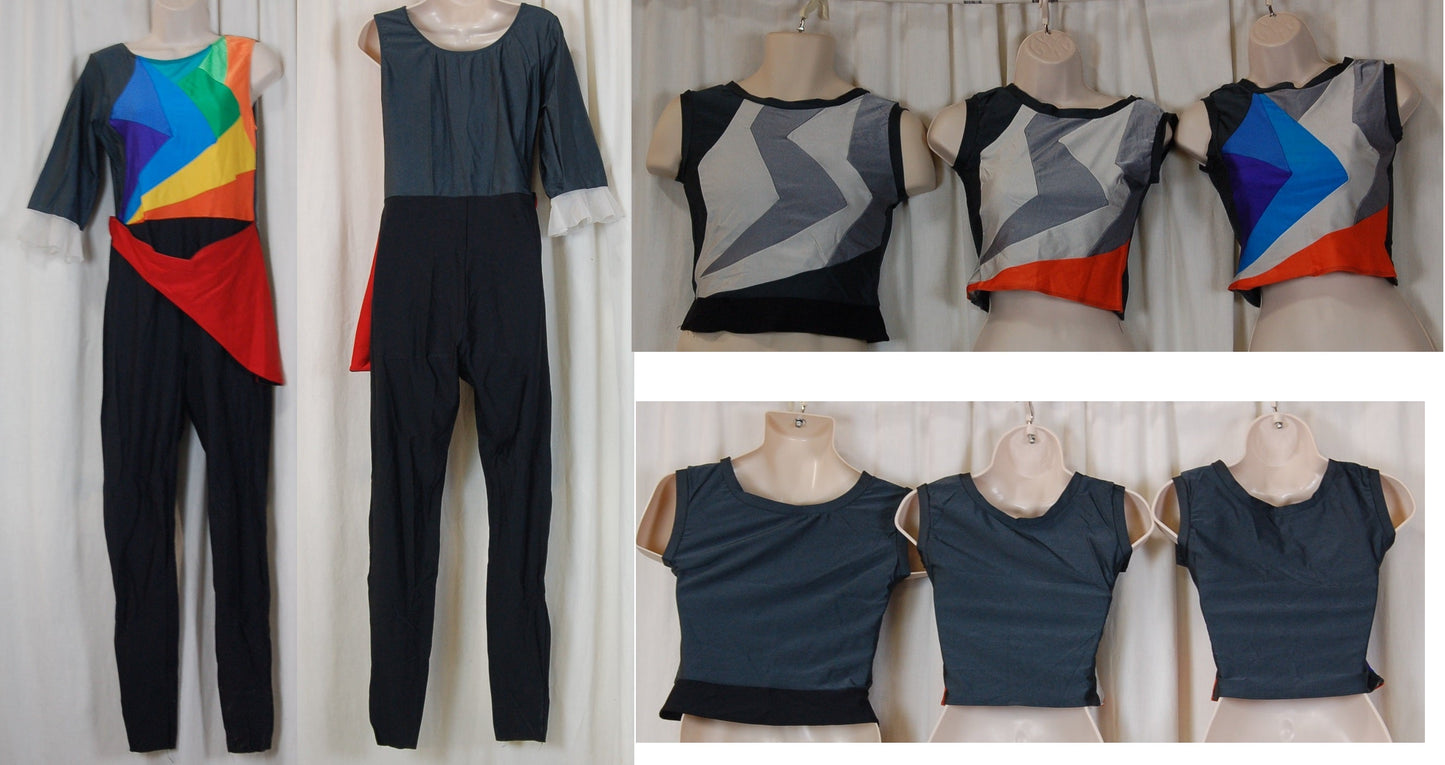 17 rainbow multicolor unitards + 17 blue/orange tops + 17 gray tops + 18 orange tops Effects by Design