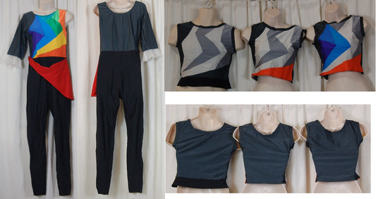 17 rainbow multicolor unitards + 17 blue/orange tops + 17 gray tops + 18 orange tops Effects by Design