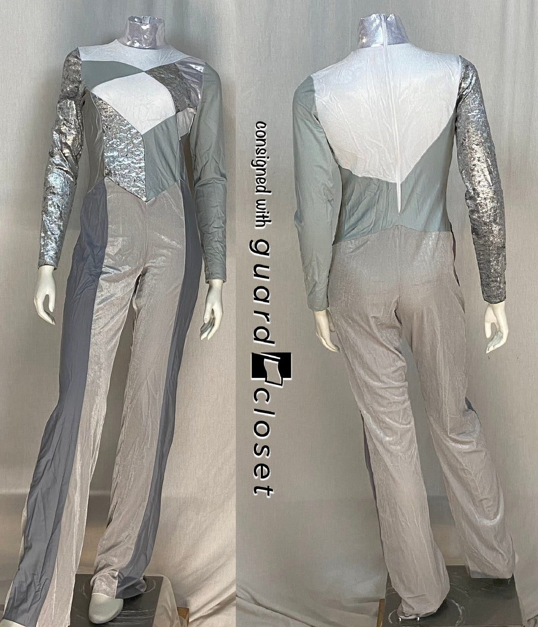 30 silver white long sleeve Creative Costuming & Designs unitards
