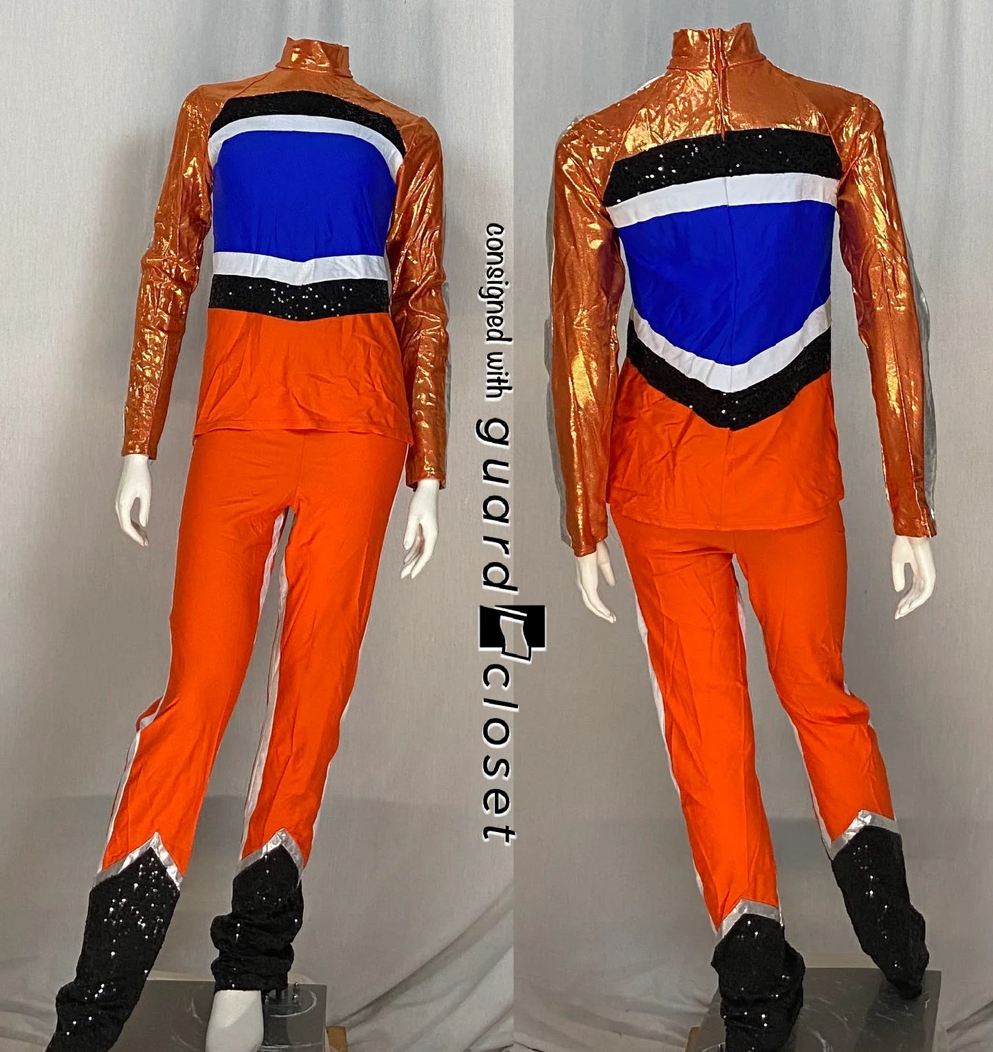 27 Female + 1 Male orange blue black white superhero Band Shoppe uniforms