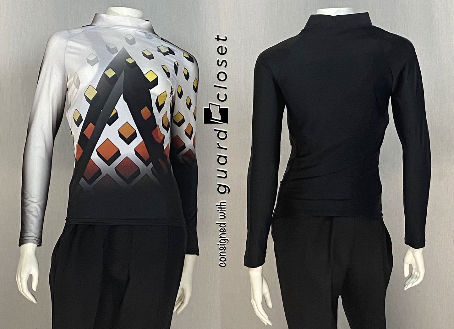 61 Black white orange yellow "cube" Vivace Performance Tops + 68 Coordinating Shako Covers