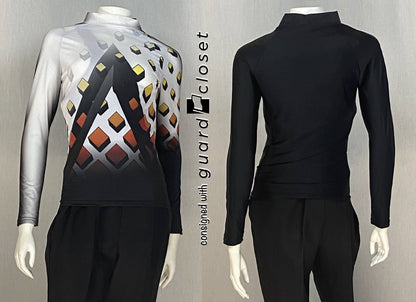 61 Black white orange yellow "cube" Vivace Performance Tops + 68 Coordinating Shako Covers