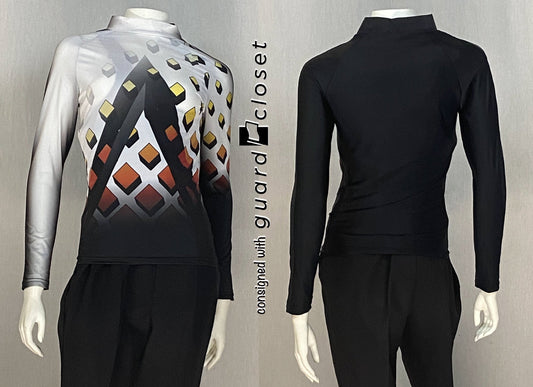 61 Black white orange yellow "cube" Vivace Performance Tops + 68 Coordinating Shako Covers