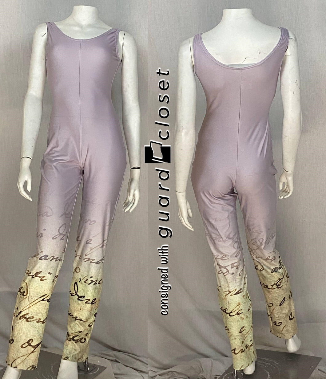 23 lavender/green handwritten text sleeveless Showday Designs unitards
