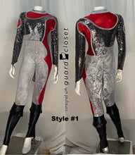 Load image into Gallery viewer, 36 total red/black/silver tail coat unitards- 6 styles
