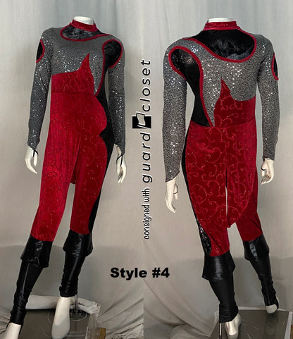 36 total red black silver tail coat unitards- 6 styles by Dance Sophisticates