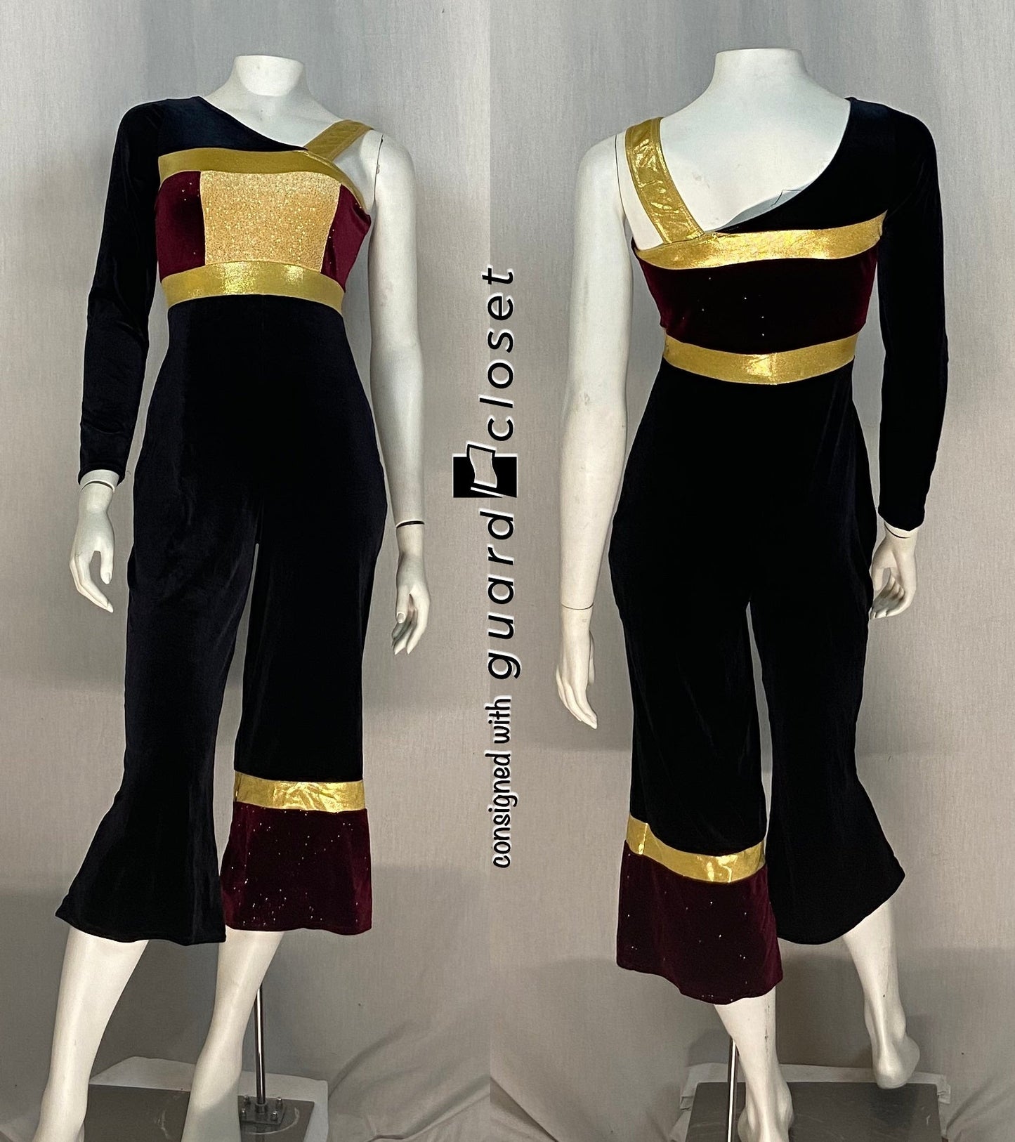 12 maroon black gold long sleeve one shoulder unitards A Wish Come True