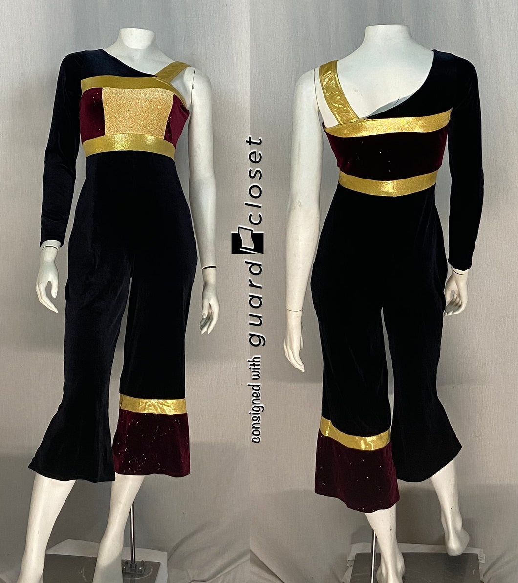 12 maroon black gold long sleeve one shoulder unitards A Wish Come True