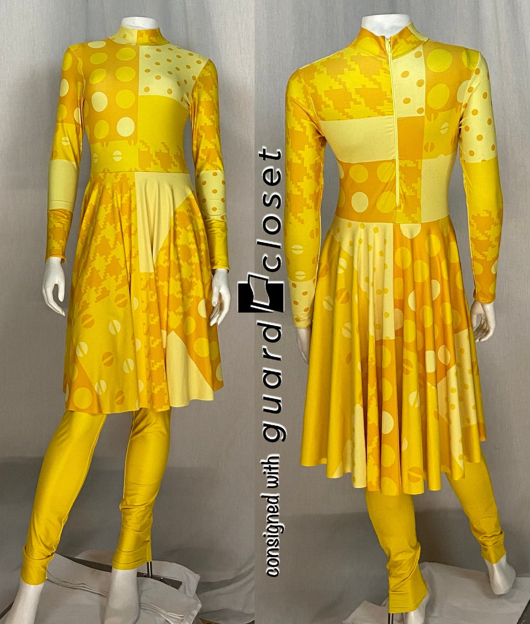 16 multi color rainbow houndstooth and dot printed dresses with built in leggings by R&S Marching Arts