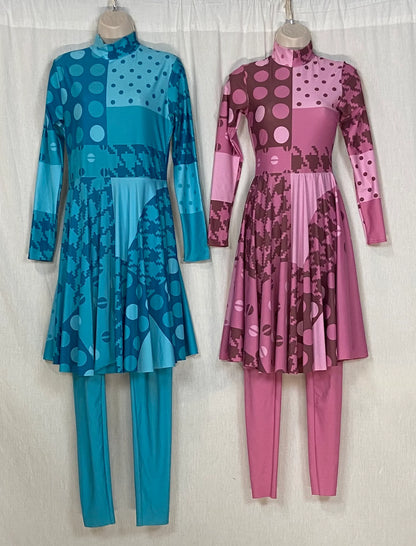 16 multi color rainbow houndstooth and dot printed dresses with built in leggings by R&S Marching Arts