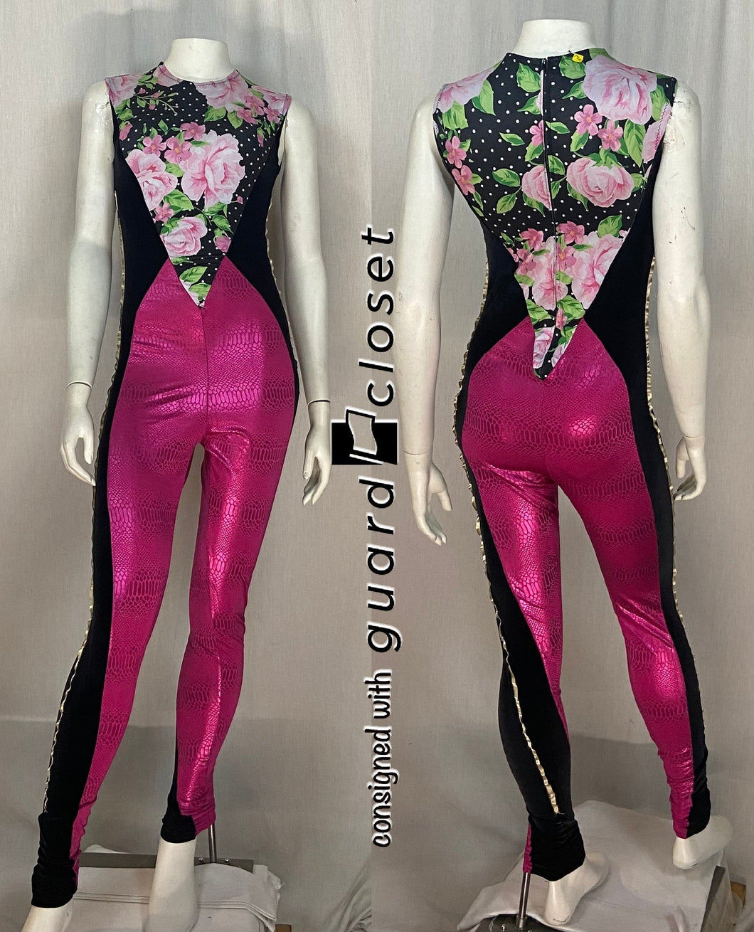 16 black hot pink floral sleeveless unitards