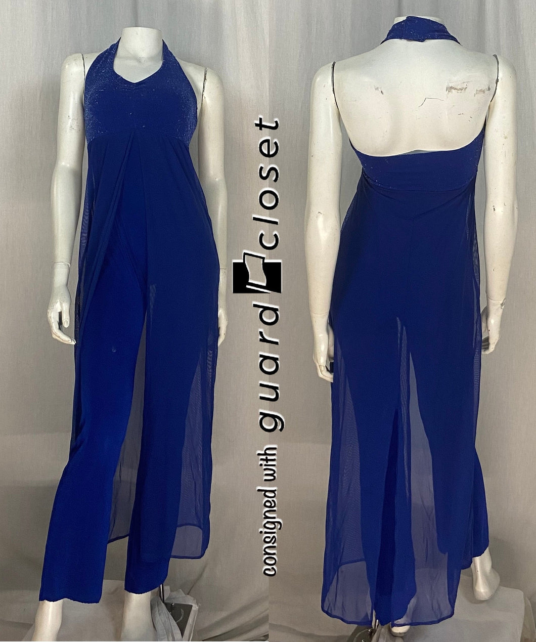 14 blue halter skirted unitards with silver mesh