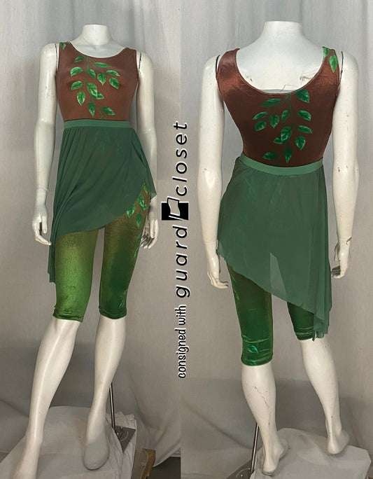 30 brown green leaf earth nature sleeveless capri unitards + 17 green mesh pull on skirts Showday Designs