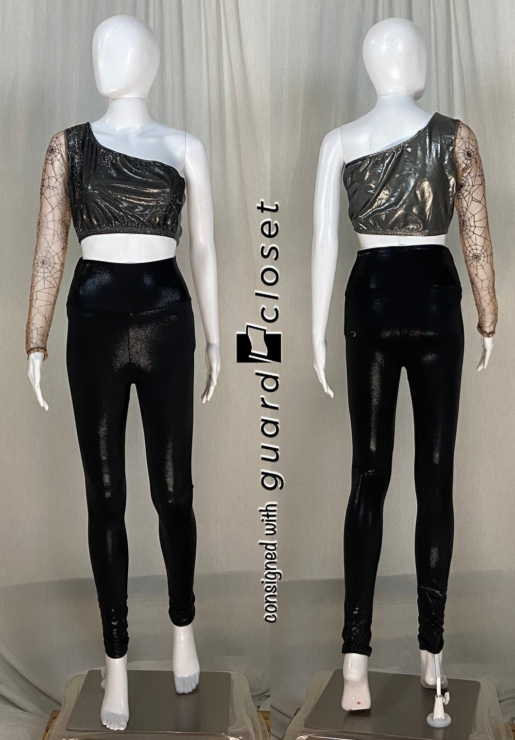 14 varied one sleeve spider crop tops + 17 black metallic pants Skinz