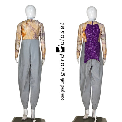 46 Long Sleeve Gray Neutral Unitards w/ Purple Accents & Convertible Reveal Bib by Dance Sophisticates