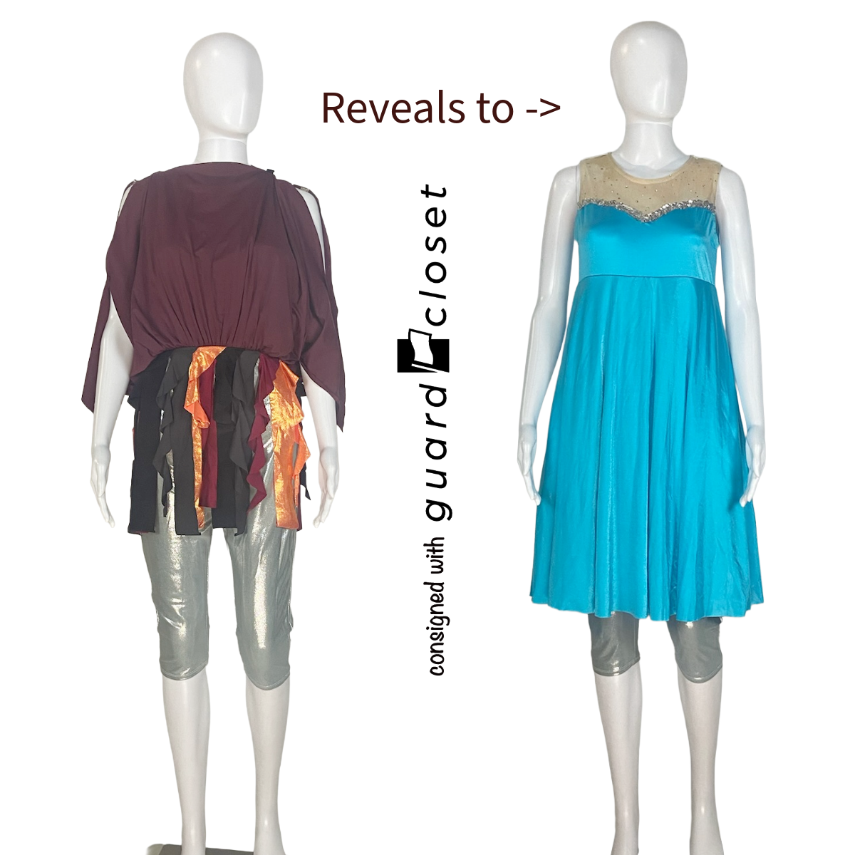 9 Maroon and Orange to Aqua Convertible Reveal Dresses Costumes  by Creative Costuming & Designs
