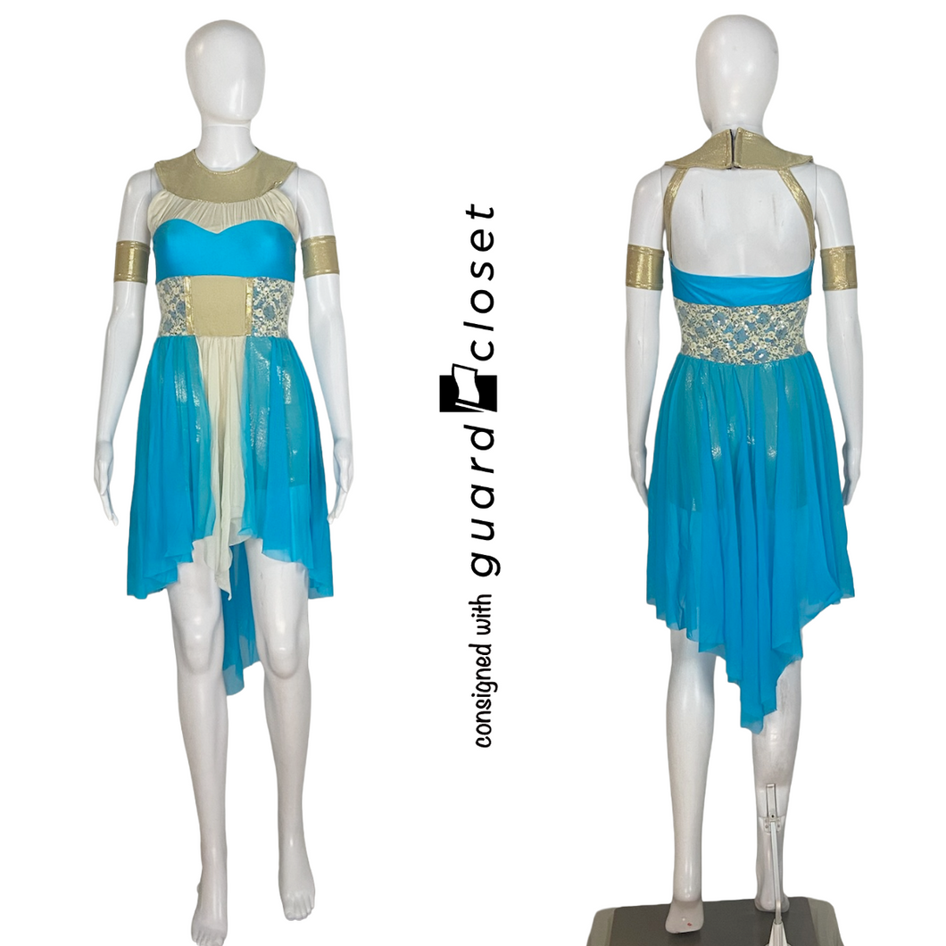 13 Gold Ivory Aqua Sleeveless Skirted Rompers by Creative Costuming & Designs