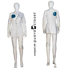 Load image into Gallery viewer, Long Sleeve White Skirted unitard with teal/purple/magenta/orange circle accents by Dance Sophisticates
