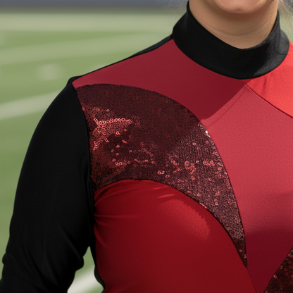 Close-up of a red and black color guard performance top featuring black sequins, long sleeves, and a mock neck on a blurred football field.
