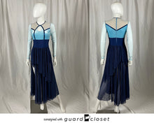 Load image into Gallery viewer, 8 blue white long sleeve skirted unitards + 1 male costume by Creative Costuming &amp; Designs
