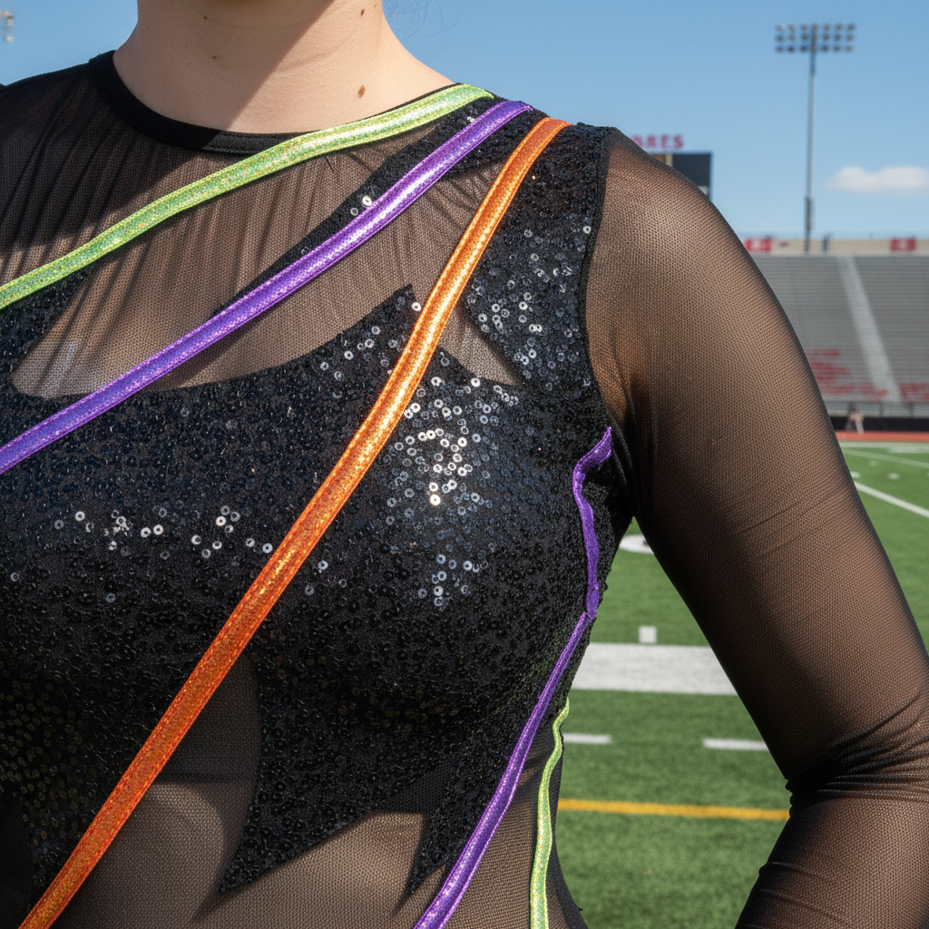 Colorguard dark costume with string details 