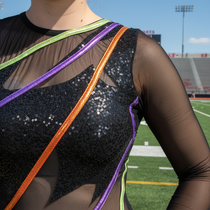 Colorguard dark costume with string details 