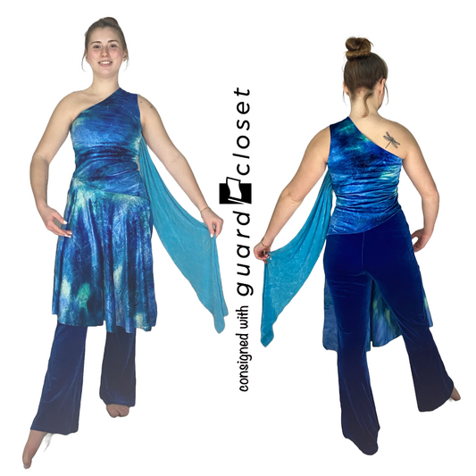 13 Female + 1 Male Blue Aqua skirted one shoulder Dance Sophisticates Unitard