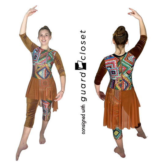 8 Female + 1 Male Brown Multicolor Skirted Capri Unitards Avant Guard