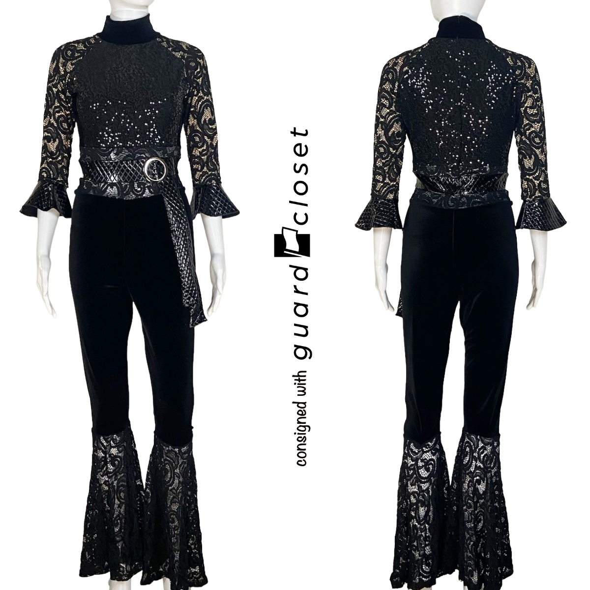 12 Black Lace and Sequin Unitards with Belt Accent by Showday