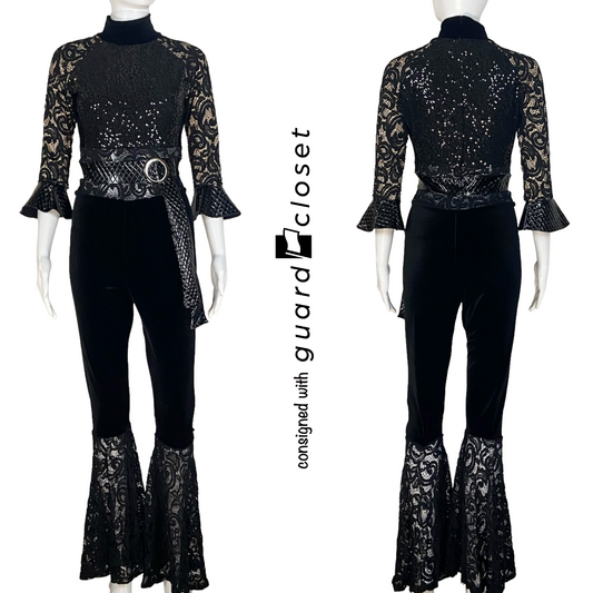 12 Black Lace and Sequin Unitards with Belt Accent by Showday