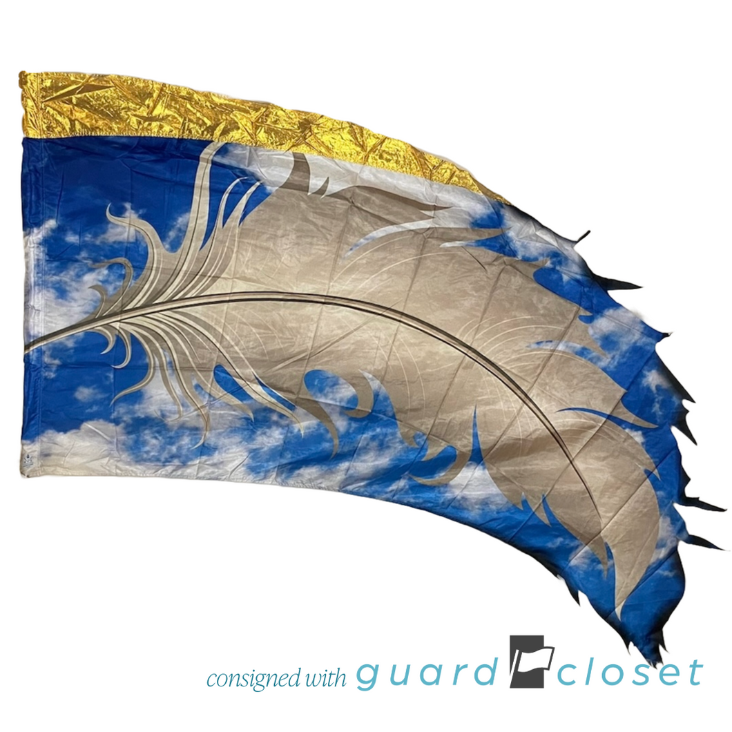 24 blue gold beige feather sky flags by R&S Marching Arts